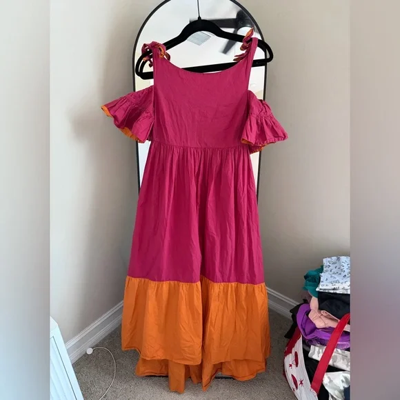 PINKO Aggie Colorblock Pink and Orange Tiered Dress - Picture 3 of 10